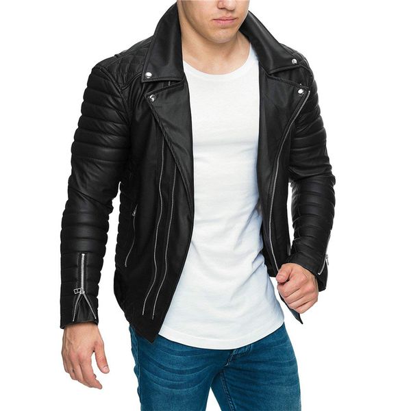 

Mens Designer PU Leather Jacket Motorbiker Turndown Collar Zippers Slim Fit Coats Jackets