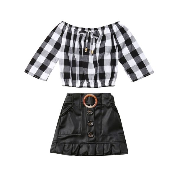 

2-7y toddler kid baby girl clothes sets outfit plaid long sleeve t-shirts +leather black a-line skirts, White
