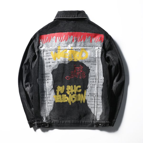 

kimsere men's ripped jeans jackets painted graffiti ripped denim trucker jacket outerwear hi street streetwear m-4xl, Black;brown