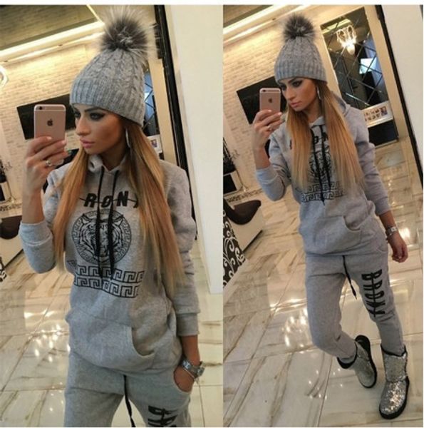 

2016 ozhouzhan fashion and personality lettered hoodie women's dress long sleeve casual plus velvet two pieces sports set, Black