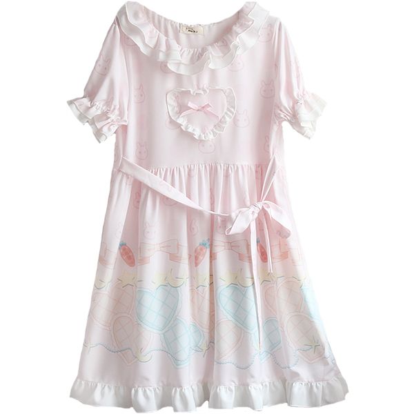 

lolita style women summer dresses cartoon print stylish ruffles straight ladies dress lace up knee length sweet girl's clothing, Black;gray