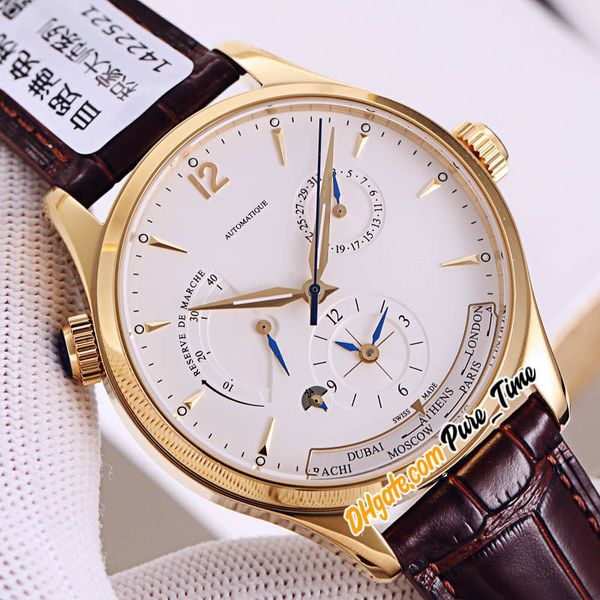 

new master geographic dual time zone 1422521 cal.939 automatic mens watch power reserve 18k gold case brown leather strap watches pure_time, Slivery;brown