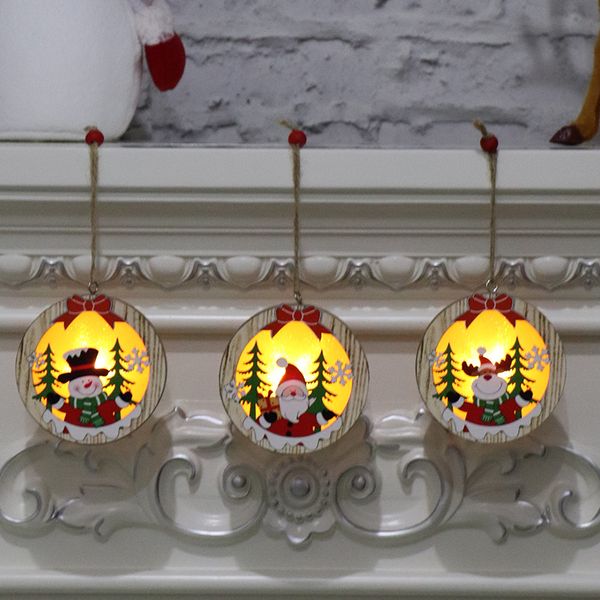 Nuovi pendenti luminosi in legno Stella in legno Lampada con cornice rotonda Ornamento luminoso per l'albero di Natale Ornamenti pendenti pendenti Decorazione per feste
