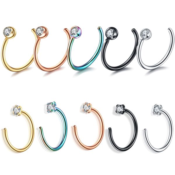 

5pcs/lot steel women nostril hoop piercings mixed 5 colors faux nose septum hoops clip on fake nose rings piercings jewelry 20g, Slivery;golden