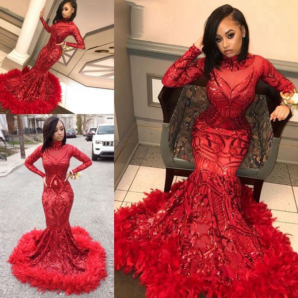 

Длинные Sparkly Выпускные платья с Red Feather Sequin 2020 Sexy High Neck с длинным рукавом Русалка Аф