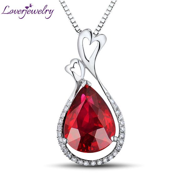 

loverjewelry women ruby pendants pear ruby gemstone 18kt white gold natural diamonds engagement pendant necklace without chain, Silver