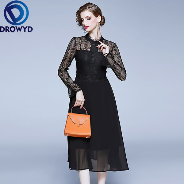 

drowyd vintage black lace midi dress queen 2019 new casual women fashion girls boho a-line dress elegant party dresses vestidos, Black;gray