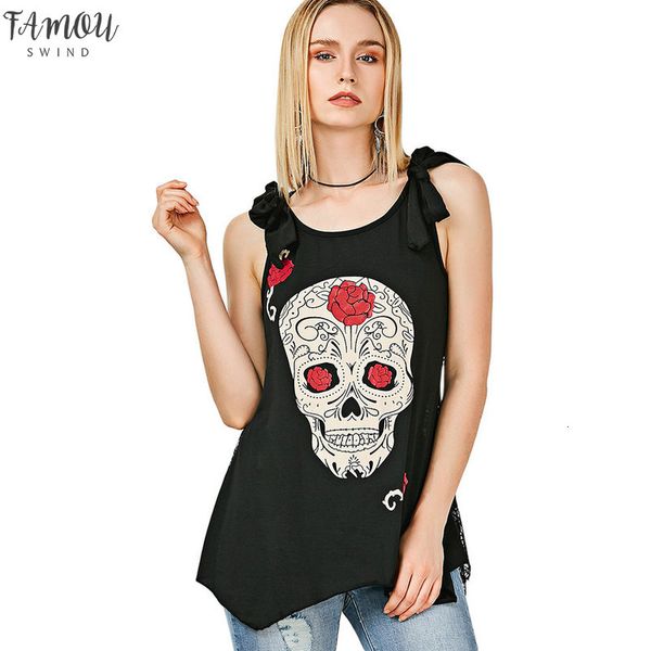 

women plus size 5xl cap sleeve fashion 3d skull print loose lace patchwork bandages casual sleeveless blusas punk black t shirt, White