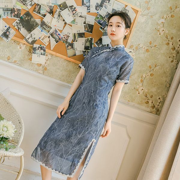 

2019summer women wedding bridesmaid dress solid lace qipao female elegant robe demoiselle elegant cotton short sleeve qipao, Red