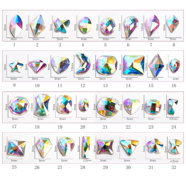 

queen fingers 5pcs/lot k9 glass glossy colourful rhinestones 32 designs ab shining flat nail accessory stones, Silver;gold