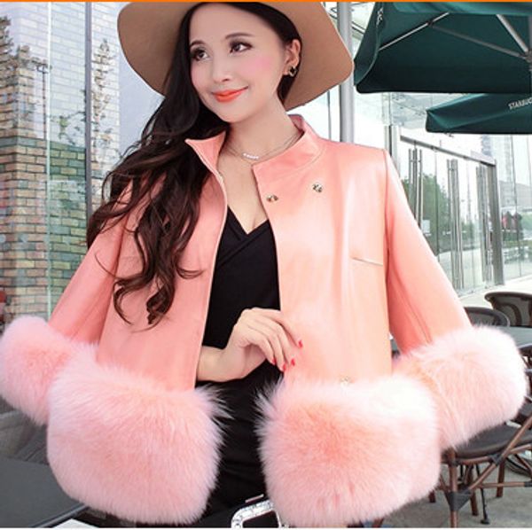 

2019 style winter women leather jackets elegant slim short design female elegant luxury noble faux fur jackets coat v653, Black