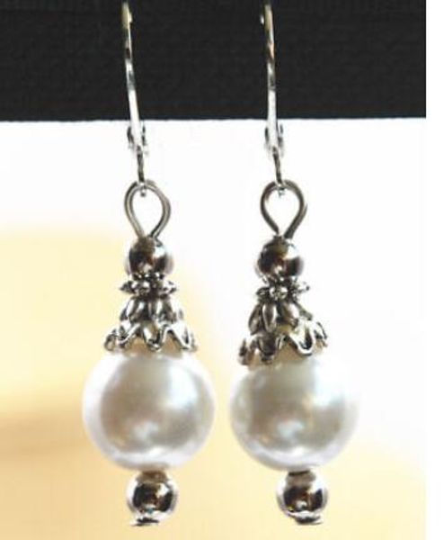 

tibetan silver 10-12mm white shell pearl round beads dangle earrings