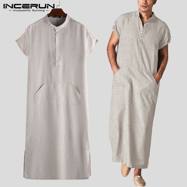 

ethnic clothing men islamic arab muslim kaftan stand collar short sleeve pockets loose robes middle east solid jubba thobe 5xl incerun, Red