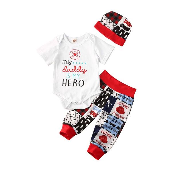 

3pcs newborn baby boy girl clothes sets cartoon print romper pants hat outfits set clothes father's day, White