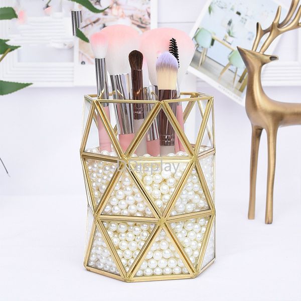 

[ddisplay]golden geometric glass jewelry jar pen brush storage makeup tool display cup light luxury fashion glass storage bucket, Golden;white