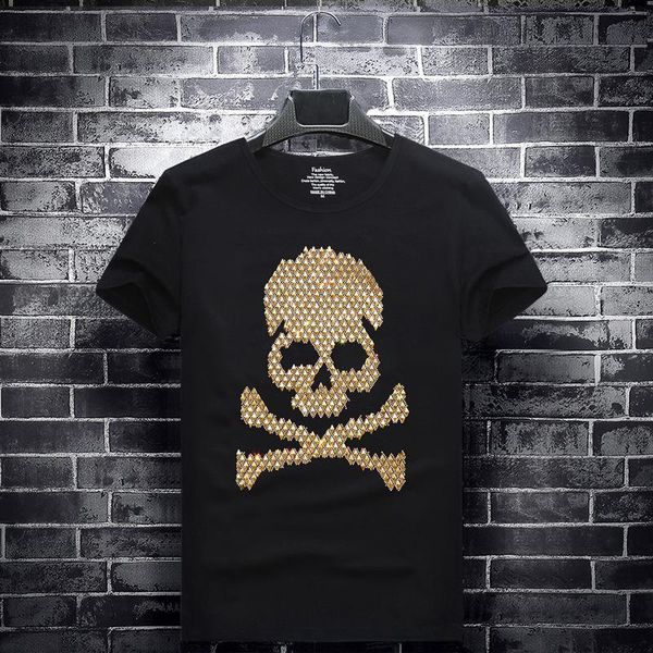 

2019 yellow rhinestones skulls t shirts mens short sleeve clothing fashion streetwear o neck modal cotton calaveras camiseta 7xl, White;black