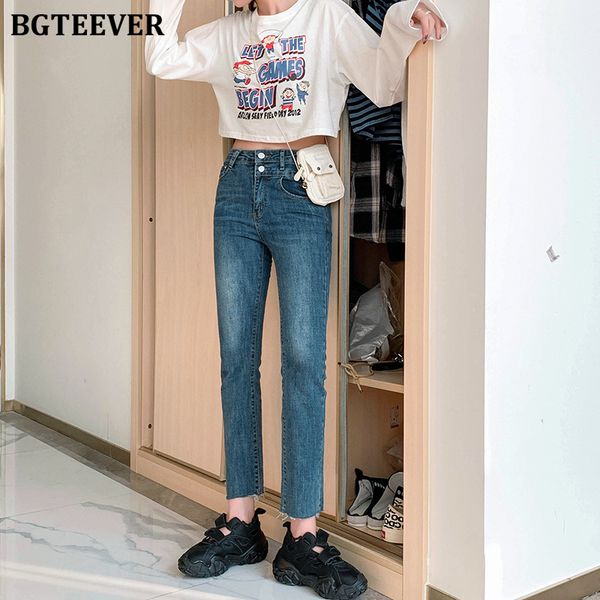 

bgteever women high waist jeans autumn winter loose solid denim jeans pants button straight leg blue denim pants female trousers