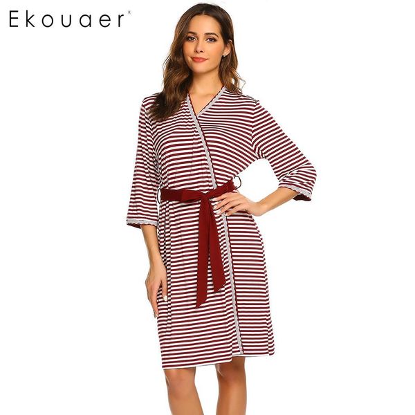 

ekouaer women bath robe dressing gown sleepwear v-neck stripe maternity loose casual nightwear female spa kimono robes, Black;red