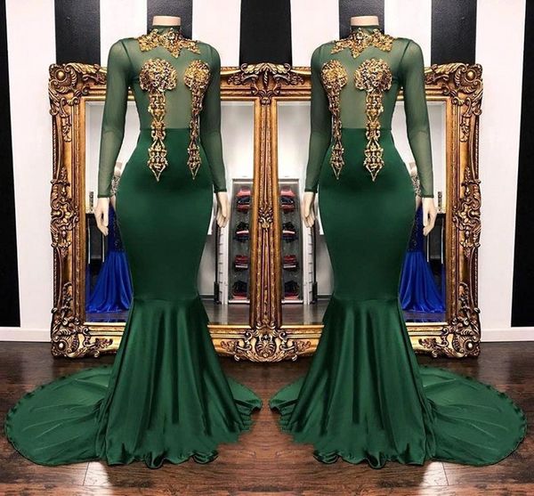 

темно-зеленый с золотой аппликацией платья выпускного вечера русалки прозрачное длинное рукавное платье с высоким воротником и атласными шле, Black