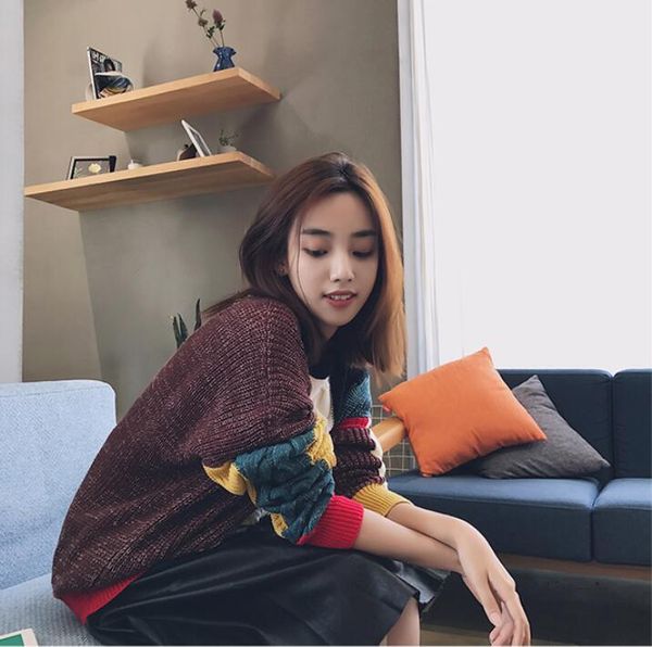 

autumn round neck new color matching loose knitting sweater, White;black
