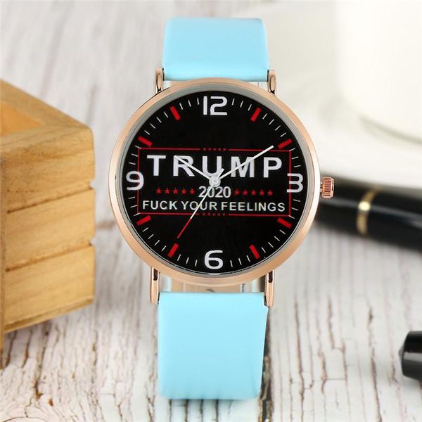 

new trump 2020 president election wrist watches letters quartz analog watch keep america great mens womens blue leather strap watch band, Slivery;brown