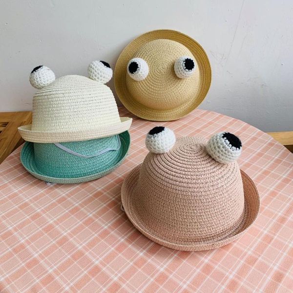 

children's straw hat new style solid color dome with big eye cute bucket hat fashion korean-style network red strawhat children, Yellow