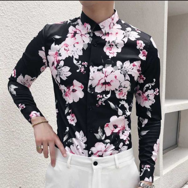 

fall winter new men's fashion printed long sleeve shirt 2019 men's british floral print shirt party long sleeve, White;black