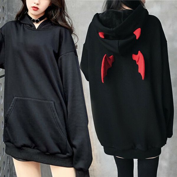 

women demon wings hoodie loose sweatshirt punk gothic long sleeve casual ik88, Black