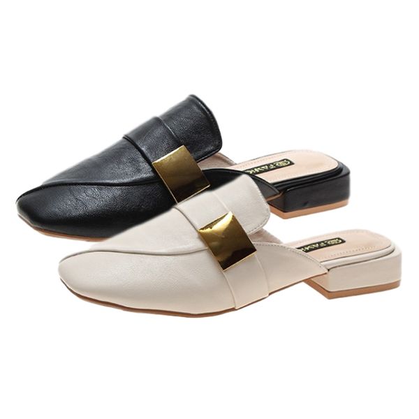 

casual baotou slippers women 2020 new fashion square head ladies leather home slipper non slip thick heel flat home shoes woman, Black