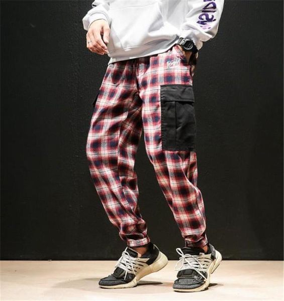 

2020 fashion men harem joggers harajuku sweatpants hip hop streetwear trousers men lattice patchwork pockets cargo pants, Black