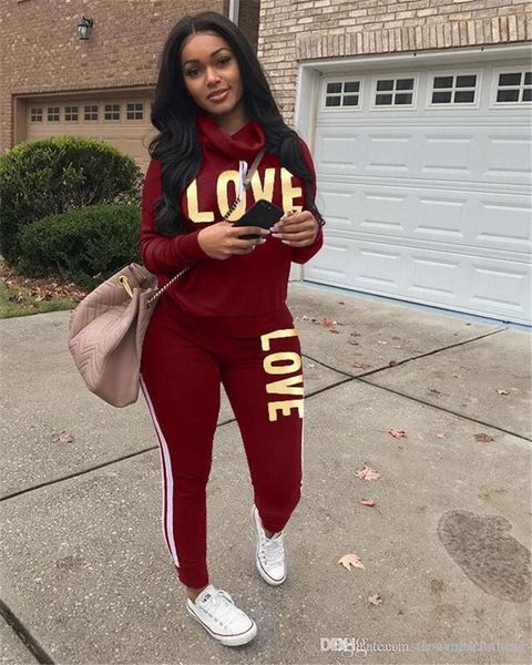 

love 2 piece womens tracksuits long sleeve cowl neck letters printed ladies casual sports suits relaxed womens clothing, Gray