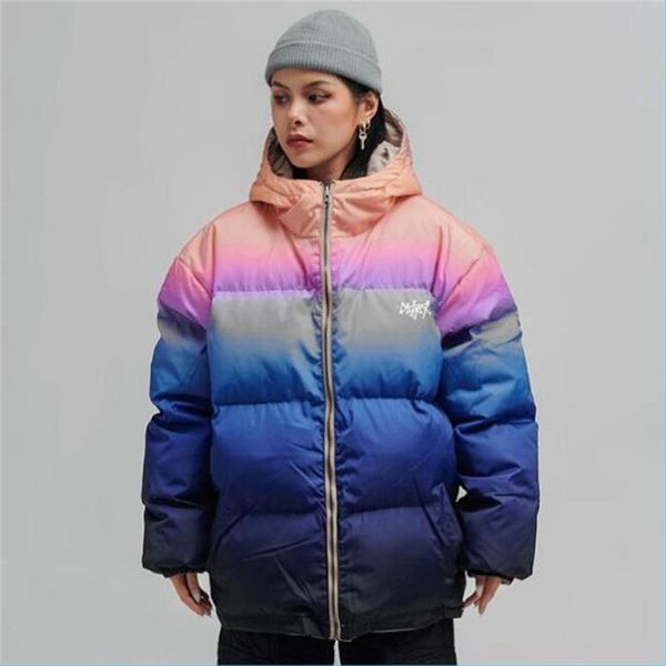 

original double-sided wear gradient print hooded cotton-padded mens jacket punk casual loose homme coat, Black