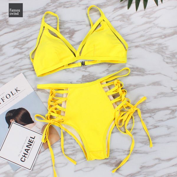 

cut bikini swimwear women two yellow red black swimsuit bandage high waist new pieces biquini beachwear s xl, White;black