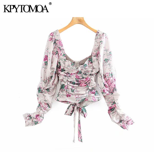 

vintage stylish floral print pleated cropped blouses women 2020 fashion v neck backless bow tie beach female shirts chic, White