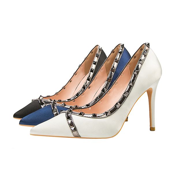 

european and american simple nightclub rivet satin women's stiletto high-heeled shoes shallow pointed single shoes