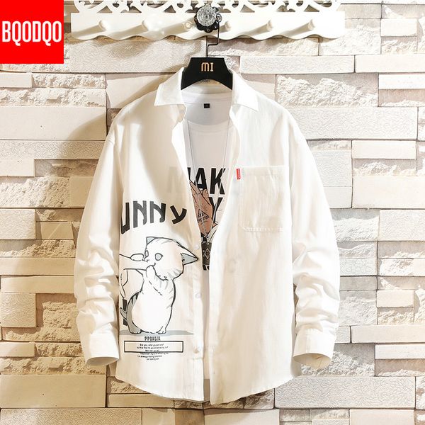 

white black cat cartoon print shirt man fashion long sleeve spring loose funny male streetwear casual blouse men plus size