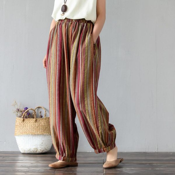 

2019 summer women cotton linen pants vintage elastic waist striped trouser casual pockets long straight pants, Black;white