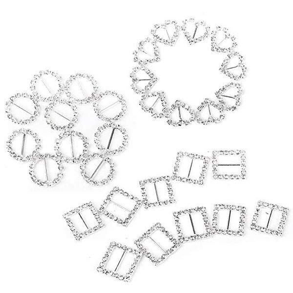 Forma 30pcs Coração + Rodada + Praça Ribbon Buckle Sliders para DIY Cartão de casamento Craft Favor convite