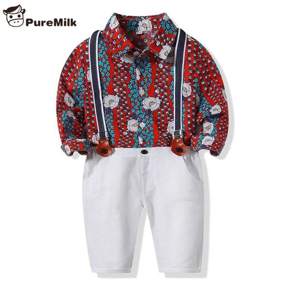 

puremilk kids clothes casual clothes 2pcs set red floral shirt with pant boys clothing set, White