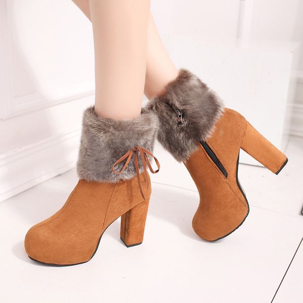 

new 2019 winter shoes women high heels boots fur warm boots for women winter high heels super square high heel 10cm yx1658 mx200324, Black