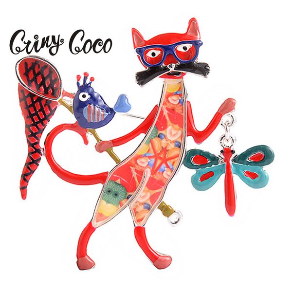

cring coco 2019 new arrival unique design animal cat catch dragonfly brooches pins cartoon kitten brooch for kids women jewelry, Gray