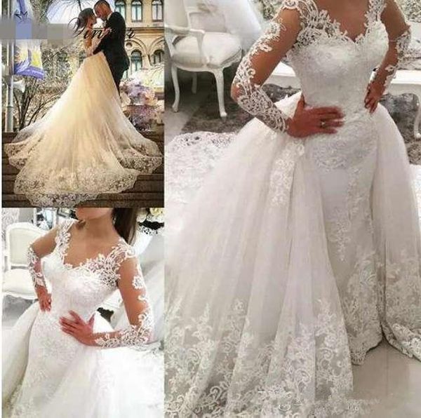 

2020 Дубай кружева Русалка свадебное платье с отделяемой Поезд 2019 Свадебные платья с длинным рукавом из бисера Вышивка Аппликация Свадебное платье