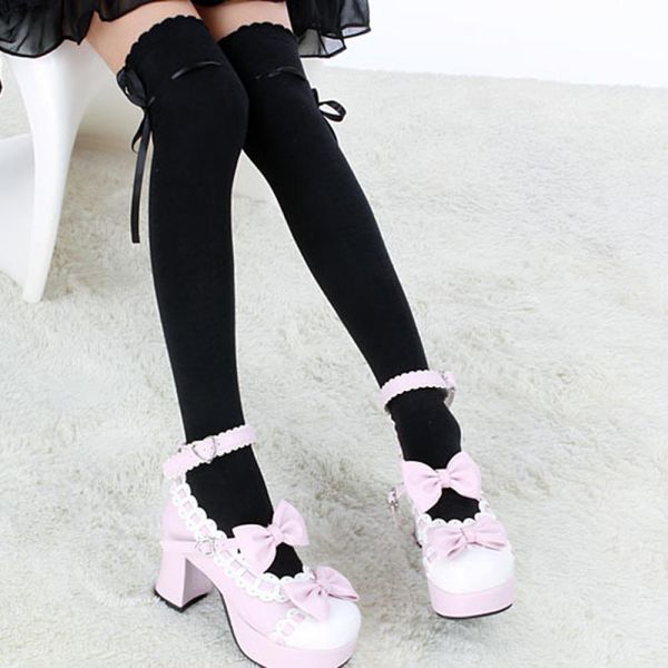 

1pair fashion women bowknot ribbon over knee thigh high soft cotton breathable socks long knittd boot vaction socks, Black;white