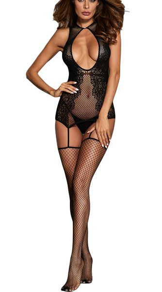 

women hollow-out floral netted lace bodystocking strappy camisole open crotch jumpsuit one piece underwear teddy lingerie