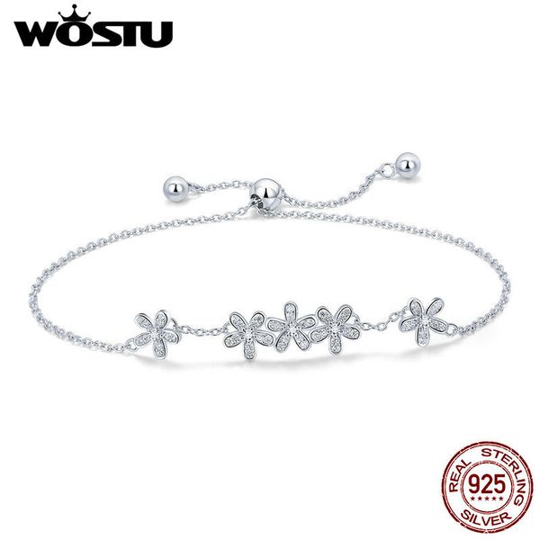 

wostu trendy 925 sterling silver glitter daisy bracelet female link chain wedding fashion bangle s925 silver jewelry gift cqb084, Golden;silver