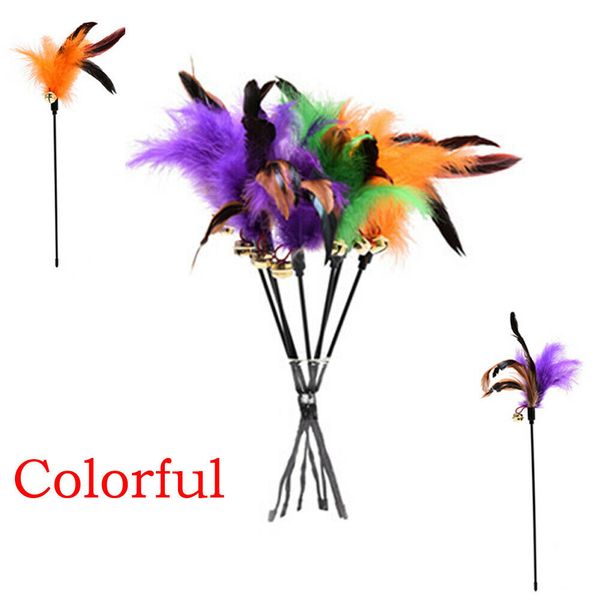 

new multicolor cat kitten teaser funny turkey feather bell interactive stick toy wire chaser wand pet