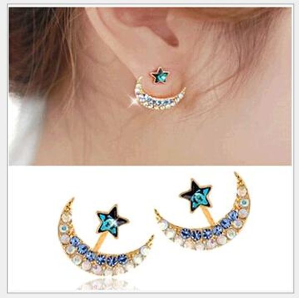 

sweet back hanging stype pierced earrings star moon naked rhinestone front and back buckles 2015 new stud earrings fashion jewelry charm, Golden;silver
