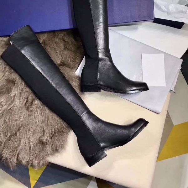 

fashion designer stretch sheepskin over knee thigh high boots low heel cowskin comfy soft luxury long boots flat heel size 35-40, Black