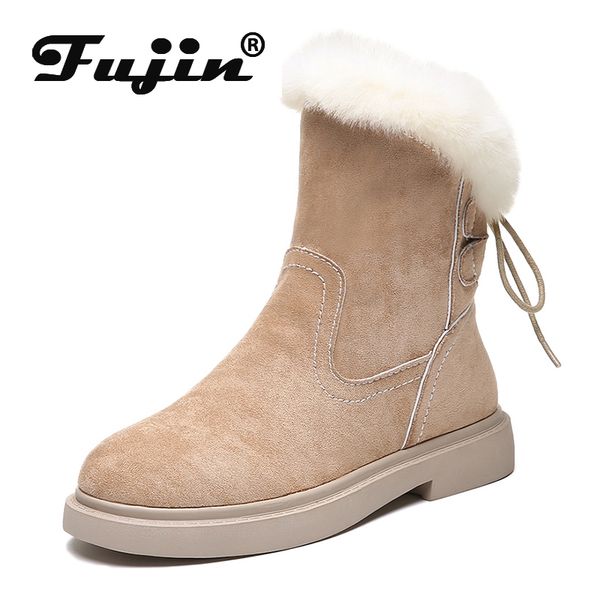 

fujin ankle women boots winter plush keep warm fashion platform solid flock breathable hoof heels round toe slip on snow boots, Black
