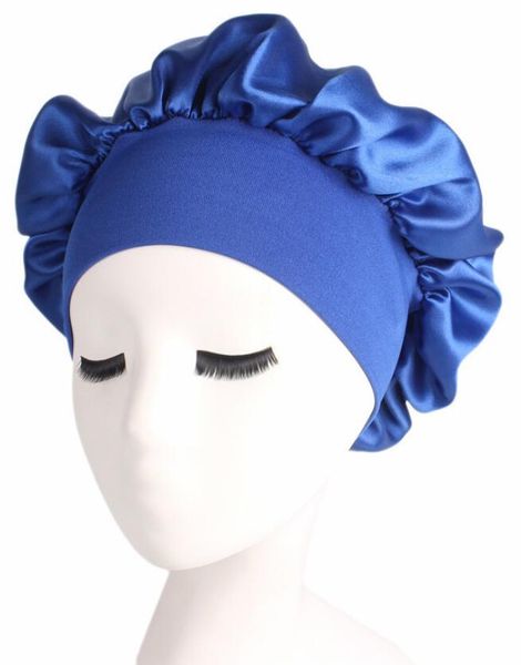 

women wide band satin silk bonnet cap solid color comfortable night sleep cap soft silk long hair care bonnet headwrap shower, Blue;gray